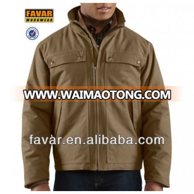 Men Khaki Casual Canvas Quilted Outdoor Hood Jacket Workwear