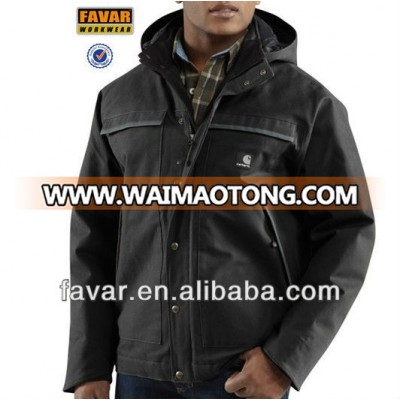 Men Black Casual Canvas Quilted Outdoor Hooded Jacket Workwear